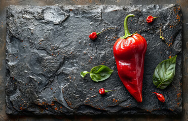 Red Pepper on Slate Slab - Vibrant Vegetable on Natural Stone Surface. A vibrant red pepper sits atop a natural slate slab, showcasing its beauty and freshness.