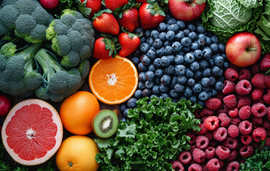 Circle of Fresh and Colorful Fruits and Vegetables. A vibrant assortment of various fruits and vegetables arranged in a captivating circle. - obrazy, fototapety, plakaty