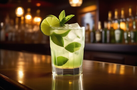 Refreshing mint cocktail mojito with rum and lime, cold drink or beverage with ice on table in bar