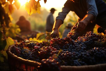 Ripe grape harvest in basket on sunset lights - obrazy, fototapety, plakaty