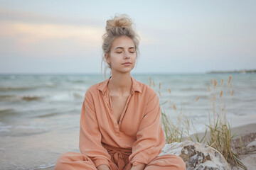 A young woman dressed in peach color enjoys a moment of peace and serenity with her eyes closed on the beach, listening to the sea waves, being fully aware of the present moment. Mindfulness.