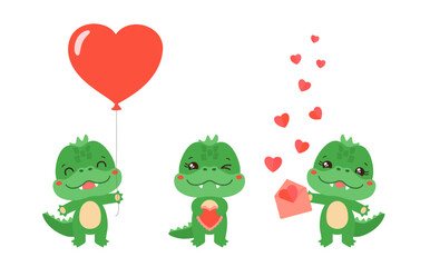 Cute valentine animal vector illustration. Kawaii crocodile holding heart shape balloon, cake, envelope paper hearts. Cartoon dinosaur little dragon character. Love mascot for valentine day greeting.