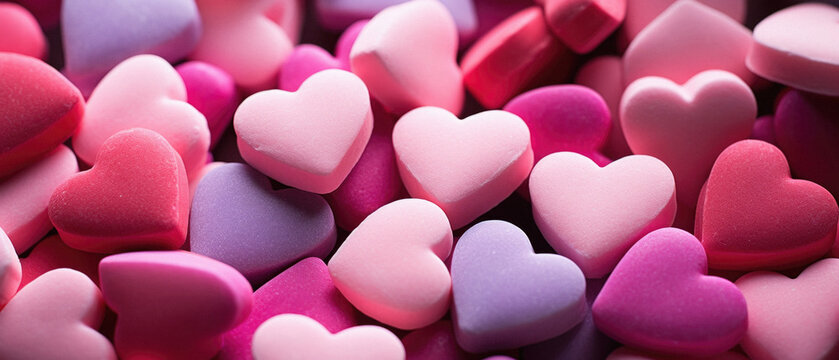 Pink and purple heart shaped candies. Valentine's day background.