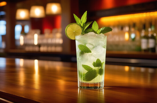 Refreshing mint cocktail mojito with rum and lime, cold drink or beverage with ice on table in bar