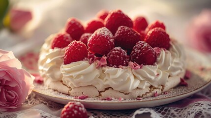 Food photography, raspberry rose lychee pavlova, with a gentle rose petal drop, on a luxurious vintage lace tablecloth