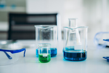 Scientific Glassware for Chemical Experimentation in a Modern Laboratory Setting. Chemistry Lab Equipment.