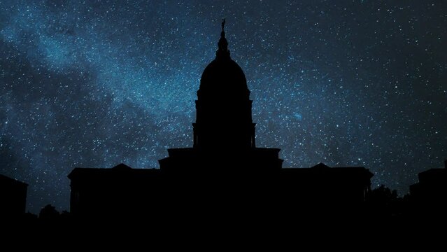 Kansas State Capitol building in Topeka, Time Lapse by Night with Stars and Milky Way in Background, USA