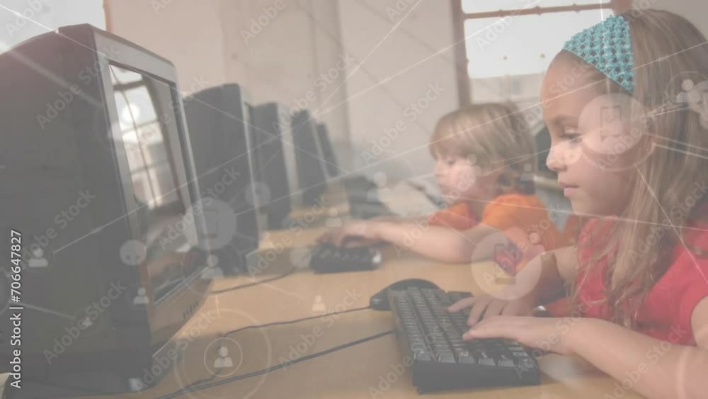 Poster animation of data processing over diverse schoolchildren using computers