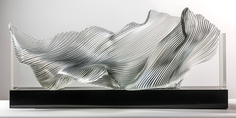 Uma escultura contemporânea feita de vários materiais, combinando elementos de metal e vidro para criar uma peça visualmente intrigante e moderna.