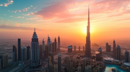 Dubai, UAE Burj Khalifa, Boulevard Plaza Tower, Address Downtown, vertical frame, sunset