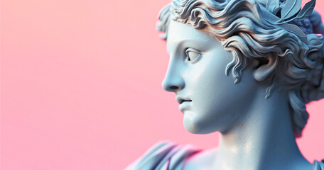 Greek sculpture of woman bust. Antique female statue on pink background with copy space . Modern ancient style