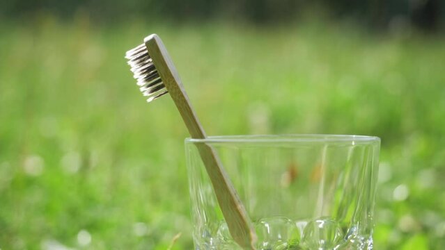 bamboo toothbrush outdoor, green natural background. zero waste concept - bamboo tooth brush, green nature background. plastic free essentials, tooth care. sustainable lifestyle
