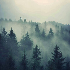 Mystical Canopy: Photographing a Foggy Forest from the Crown of the Trees - A Captivating Glimpse into the Enchanting Depths of Nature's Embrace - Generative AI