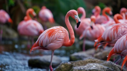 Flamingos standing gracefully in a tranquil pond.