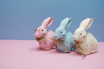 Happy Easter with rabbit figure on pink and blue background