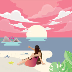 Obraz na płótnie Canvas Flat Summer Day Illustration With Couple On Beach 