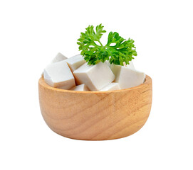 Sliced white tofu in a wooden bowl transparent png