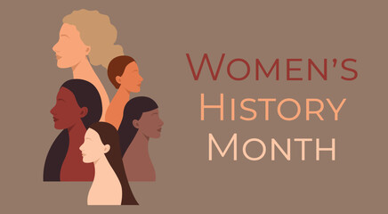 Banner with different ladies and text WOMEN HISTORY MONTH on beige background