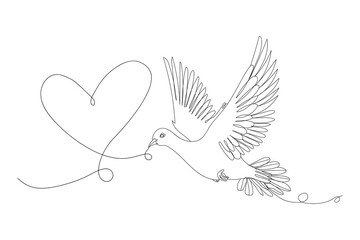 Drawn flying dove and heart shape on white background