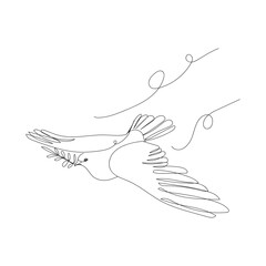 Drawn flying dove with olive branch on white background
