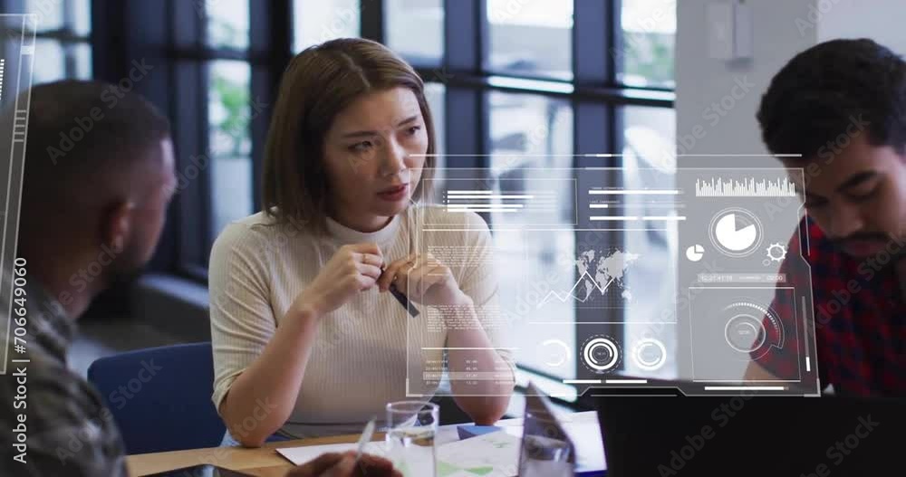 Poster animation of data processing over diverse colleagues having meeting in office