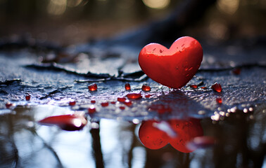 Fototapeta premium Red Heart Shape for Saint Valentine's Day on a rainy day, Sad Love Art Street concept , AI-generated image
