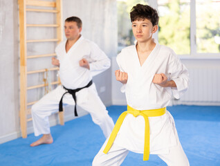 Sportive teen boy wearing kimono training karate techniques during workout session © JackF