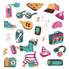 Groovy hip-hop set. Funny B-Boy, sunglasses, tape recorder, pizza, drink, earphones, camera, sneakers, graffiti spray, calonka, cap, etc. Set of stickers in trendy cartoon style. Isolated vector