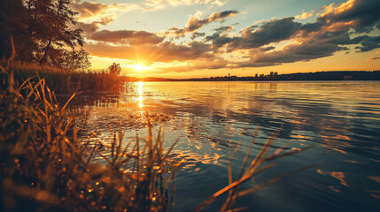 Sunset over a tranquil lakeside.