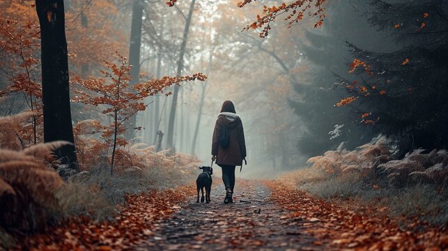 autum park walking  and dog woman