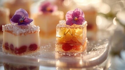 petit fours assortment, with a focus on a single delicate piece, adorned with an edible flower, with beautiful sunlight on an elegant glass surface