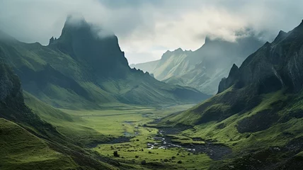 Foto op Plexiglas Beautiful green mountain landscape with cloudy scenery wallpaper © DolonChapa