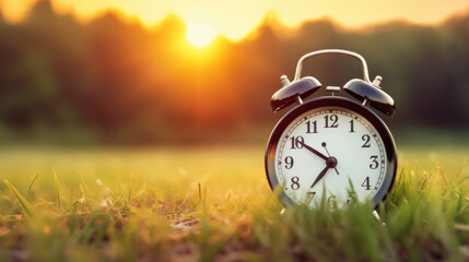 An alarm clock stands on a lawn of green grass against the rising sun, panorama, early waking up