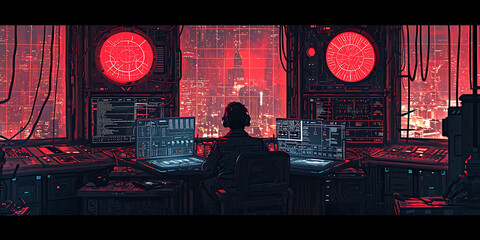 Uma cena de estúdio de arte digital apresentando um designer gráfico em um computador, cercado por várias telas exibindo ilustrações intricadas e elementos de design - obrazy, fototapety, plakaty