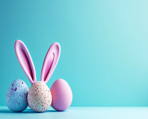 Three colorful Easter eggs with bunny ears isolated on a blue background with editorial space 