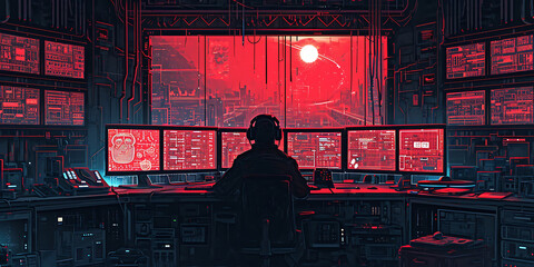Uma cena de estúdio de arte digital apresentando um designer gráfico em um computador, cercado por várias telas exibindo ilustrações intricadas e elementos de design - obrazy, fototapety, plakaty