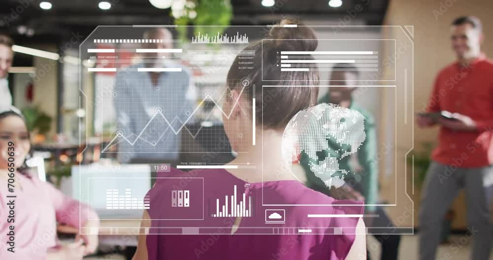 Poster animation of data processing over diverse colleagues having meeting in office