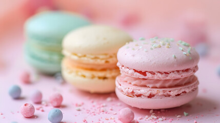 Obraz na płótnie Canvas Delicate Pink Macaron with Sprinkles on Pastel Background