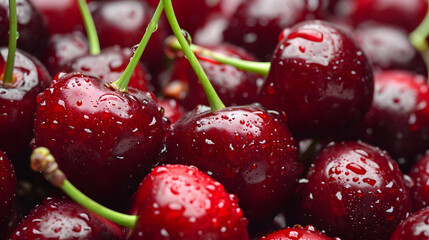 Fresh Ripe Cherries with Water Drops Close Up