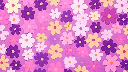 Geometric raster abstract floral ornament simple minimalist seamless pattern. ornamental texture with flower shapes in purple, white, yellow, pink with plum background. 