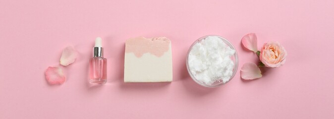 Flat lay composition with natural handmade soap and ingredients on pink background - obrazy, fototapety, plakaty
