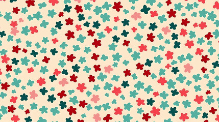 Geometric raster abstract tiny floral ornament.  simple minimalist seamless pattern. ornamental texture with flower shapes in red, pink, teal with beige background. 