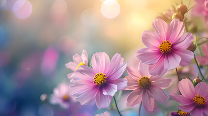 Soft Pink Cosmos Flowers with Bokeh Light Background