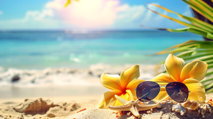 Tropical Beach Scene with Sunglasses, Frangipani Flowers, and Starfish