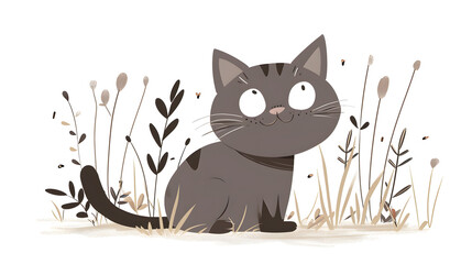 Adorable Cartoon Cat in a Whimsical Field Illustration
