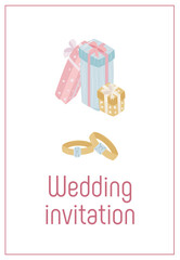 Wedding invitation with ring and gifts on white background