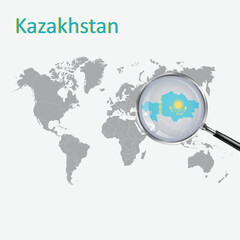 A Magnifying Glass on Kazakhstan of the World Map, Zoom Kazakhstan map with a gradient background and Kazakhstan flag on the map, Vector art