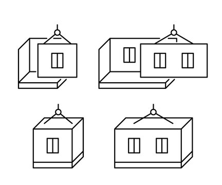 Modular house construction, line icon set. Building home from prefabricated panels. Modern prefab fast technology in building and architecture. Property, real estate. Editable stroke. Vector outline