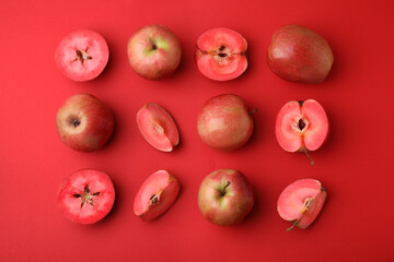 Tasty apples with red pulp on color background, flat lay