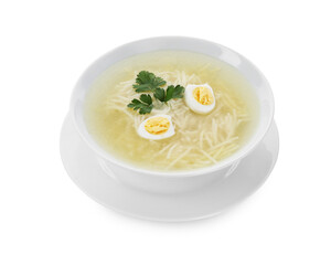 Tasty soup with noodles, egg and parsley in bowl isolated on white